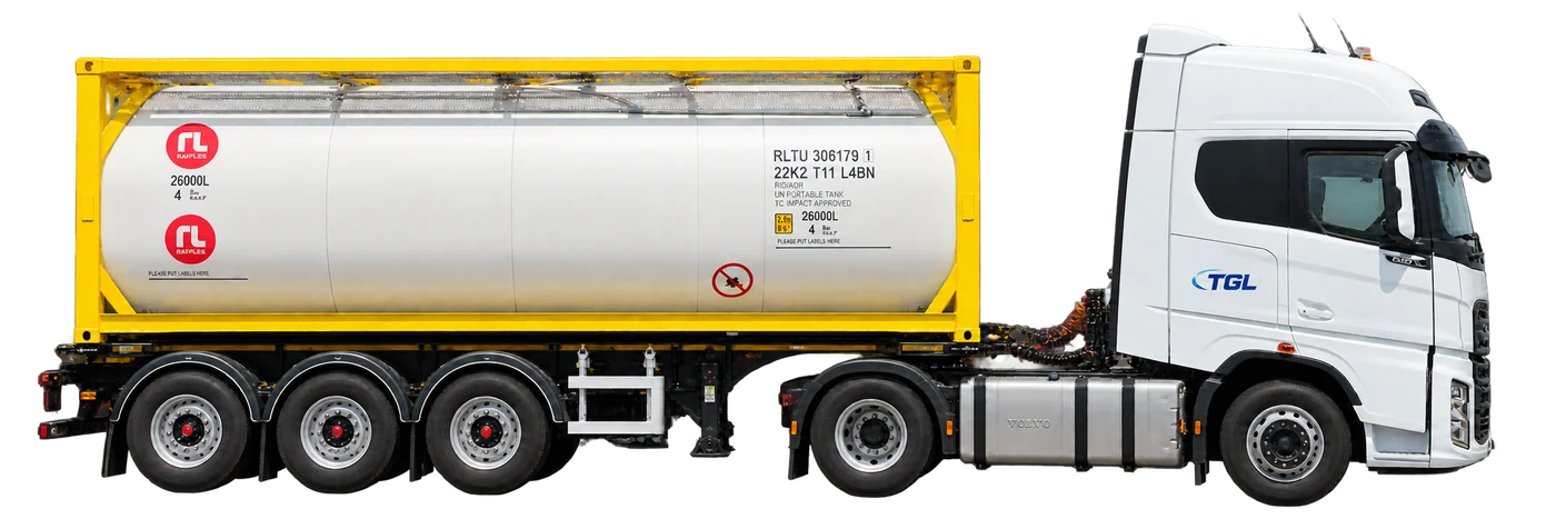 TGL filosu referans alınarak hazırlanmış beyaz Volvo çekici ve sarı çerçeveli ISO tank konteyner
